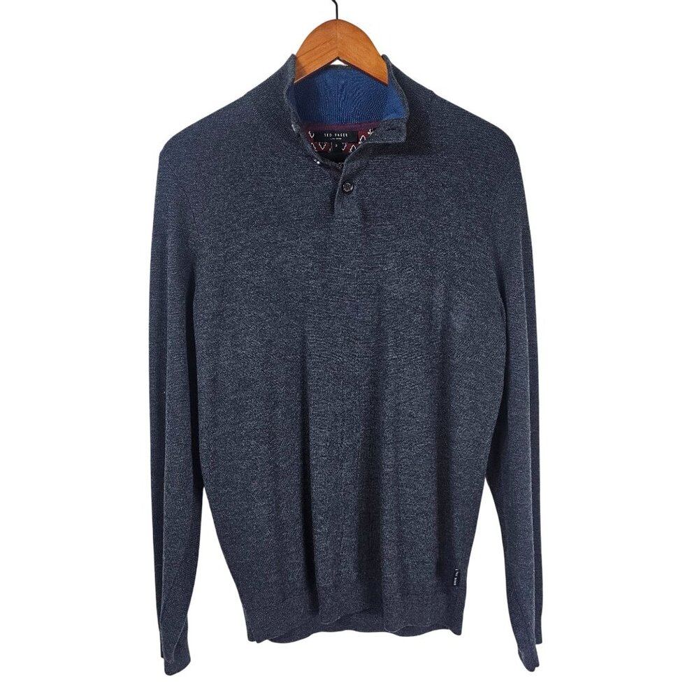 Ted Baker London Wool Collared Sweater M Charcoal Quiet Luxury Preppy Office